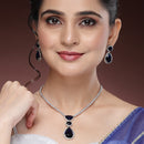 Rhodium Plated Silver toned Teardrop Shaped Blue American Diamond Studded Jewellery Set