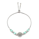 Rhodium Plated Silver Toned White And Sea Green American Diamond Studded Adjustable Bracelet