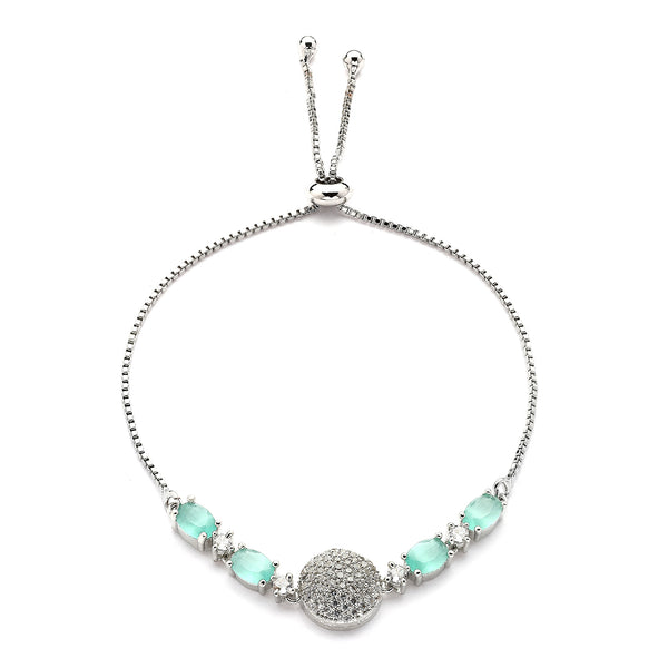 Rhodium Plated Silver Toned White And Sea Green American Diamond Studded Adjustable Bracelet