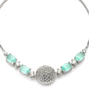 Rhodium Plated Silver Toned White And Sea Green American Diamond Studded Adjustable Bracelet