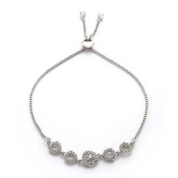 Rhodium Plated Silver Toned White Cubic Zirconia Studded Adjustable Bracelet