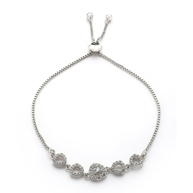 Rhodium Plated Silver Toned White Cubic Zirconia Studded Adjustable Bracelet