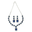 Rhodium Plated Silver Toned Royal Blue American Diamond Studded Jewellery Set