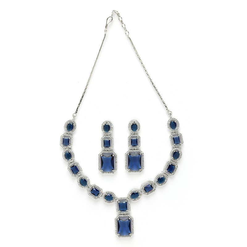 Rhodium Plated Silver Toned Royal Blue American Diamond Studded Jewellery Set