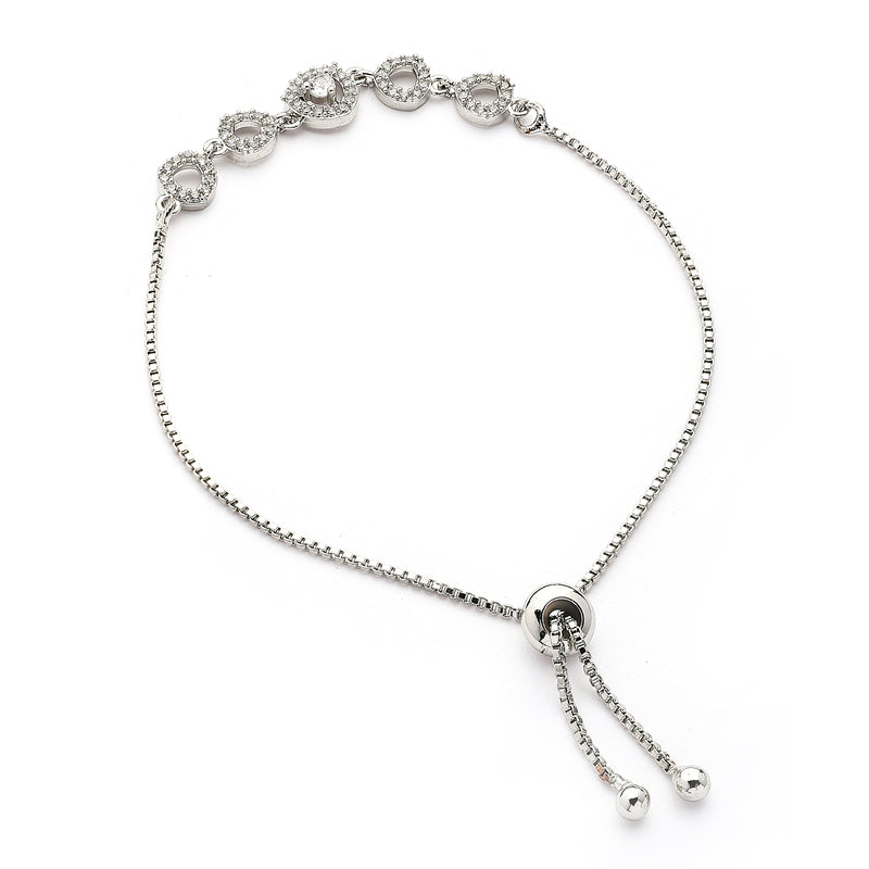 Rhodium Plated Silver Toned White Cubic Zirconia Studded Adjustable Bracelet
