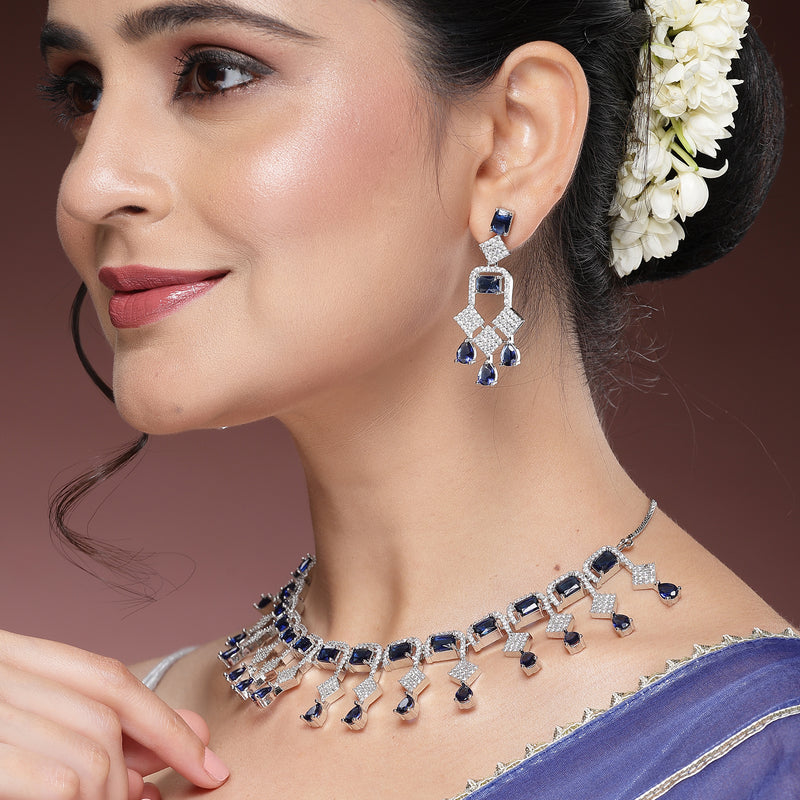 Rhodium Plated Silver Toned with Blue American Diamond Studded Jewellery Set