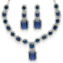 Rhodium Plated Silver Toned Royal Blue American Diamond Studded Jewellery Set