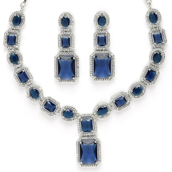 Rhodium Plated Silver Toned Royal Blue American Diamond Studded Jewellery Set