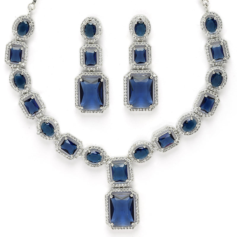Rhodium Plated Silver Toned Royal Blue American Diamond Studded Jewellery Set
