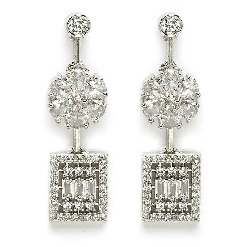 Rhodium Plated Silver Toned Blossom and Square Design White American Diamond Stone Studded Jewellery Set