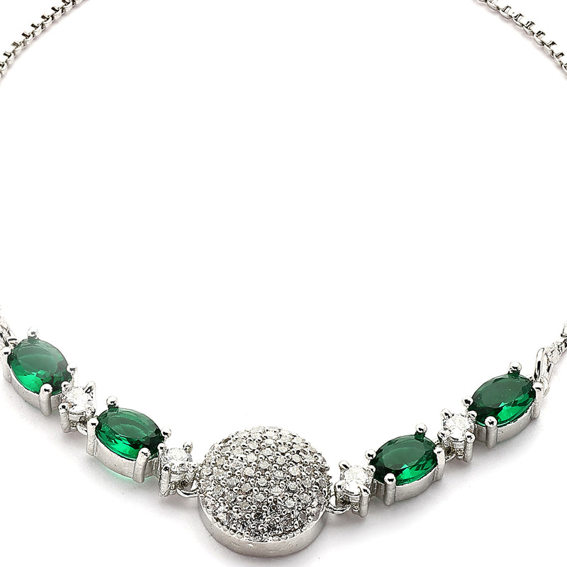 Rhodium Plated Silver Toned White And Green American Diamond Studded Adjustable Bracelet