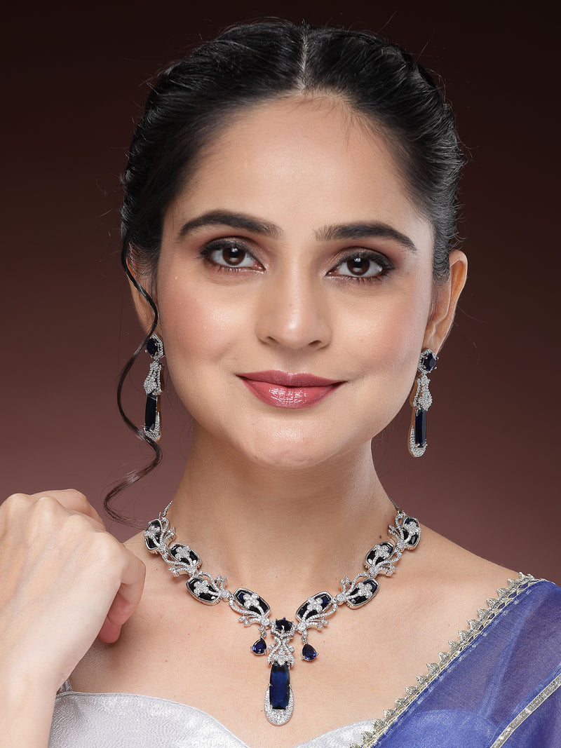 Rhodium Plated with Elegant Blue American Diamond Studded Necklace Set