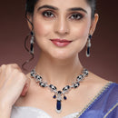 Rhodium Plated Silver Toned Royal Blue American Diamond Studded Necklace Set