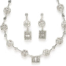 Rhodium Plated Silver Toned Blossom and Square Design White American Diamond Stone Studded Jewellery Set