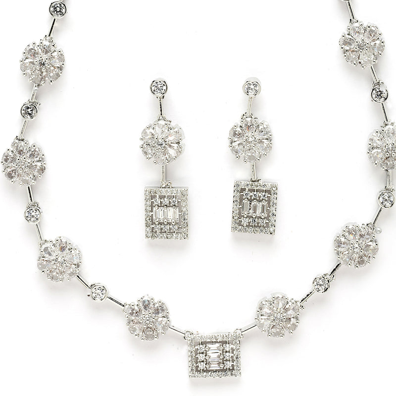 Rhodium Plated Silver Toned Blossom and Square Design White American Diamond Stone Studded Jewellery Set