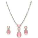 Rhodium Plated Silver Toned Teardrop Shaped Rose Pink American Diamond Studded Necklace Set