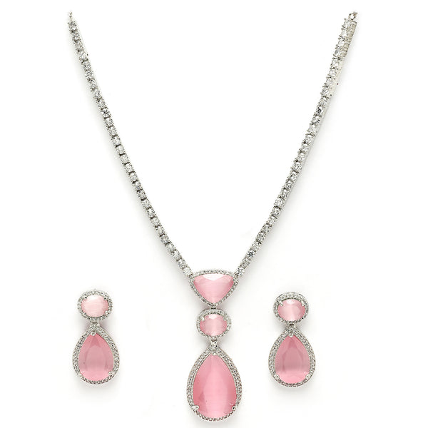 Rhodium Plated Silver Toned Teardrop Shaped Rose Pink American Diamond Studded Necklace Set