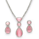 Rhodium Plated Silver Toned Teardrop Shaped Rose Pink American Diamond Studded Necklace Set