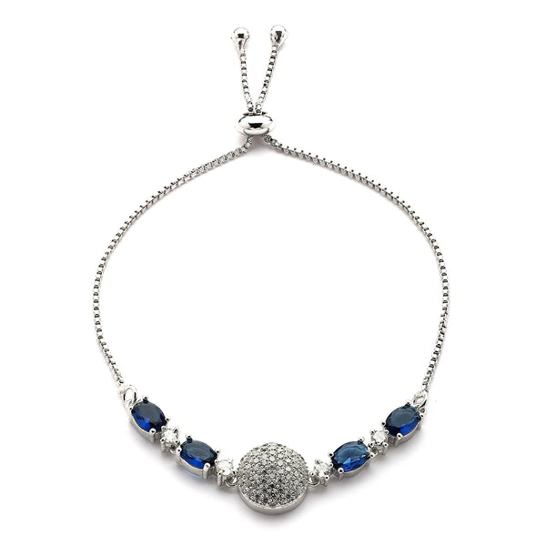 Rhodium Plated Silver Toned White And Blue American Diamond Studded Adjustable Bracelet