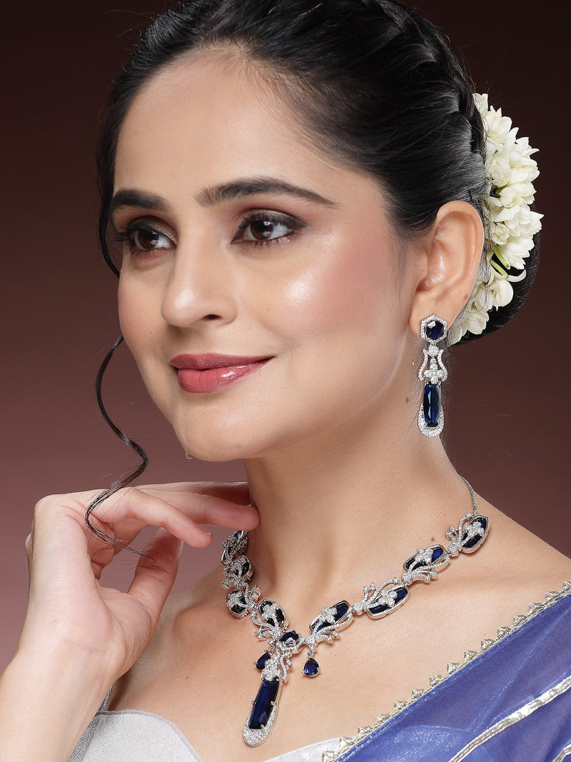 Rhodium Plated with Elegant Blue American Diamond Studded Necklace Set