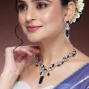 Rhodium Plated Silver Toned Royal Blue American Diamond Studded Necklace Set