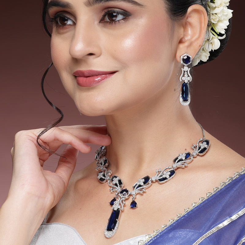 Rhodium Plated Silver Toned Royal Blue American Diamond Studded Necklace Set