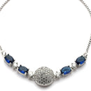 Rhodium Plated Silver Toned White And Blue American Diamond Studded Adjustable Bracelet