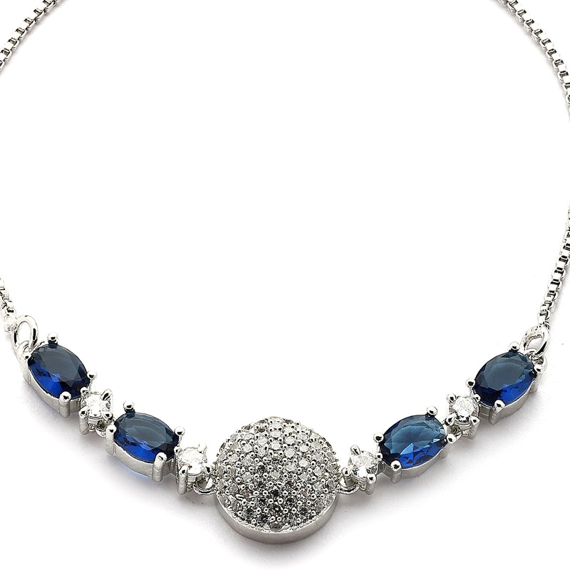 Rhodium Plated Silver Toned White And Blue American Diamond Studded Adjustable Bracelet
