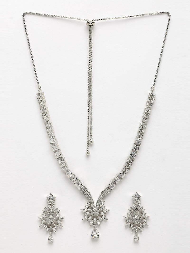 Rhodium Plated with White American Diamond Studded Floral Design & Curved Shaped Necklace Set