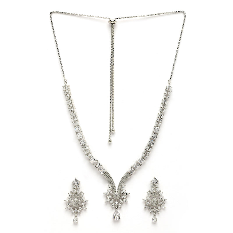 Rhodium Plated Silver Toned White American Diamond Studded Jewellery Set