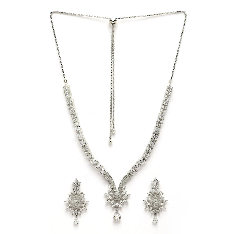 Rhodium Plated Silver Toned Nature Inspired White AD Studded Necklace Set With Matching Earrings