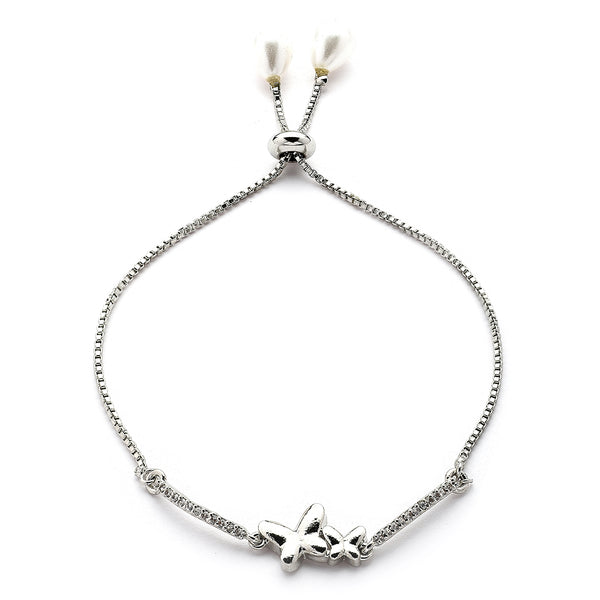 Rhodium Plated Silver Toned Butterfly Shaped White Cubic Zirconia Studded Adjustable Bracelet
