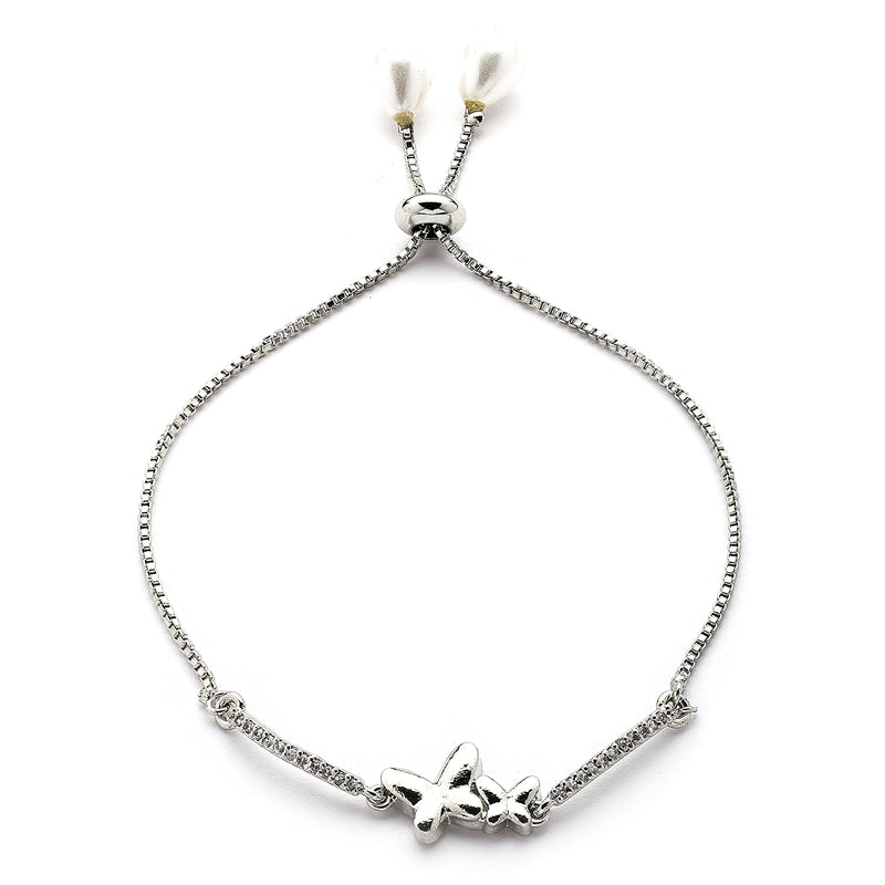 Rhodium Plated Silver Toned Butterfly Shaped White Cubic Zirconia Studded Adjustable Bracelet