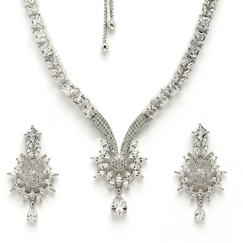 Rhodium Plated Silver Toned White American Diamond Studded Jewellery Set