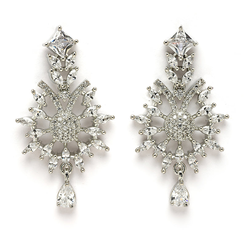 Rhodium Plated Silver Toned White American Diamond Studded Jewellery Set