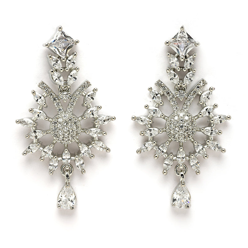 Rhodium Plated Silver Toned Nature Inspired White AD Studded Necklace Set With Matching Earrings
