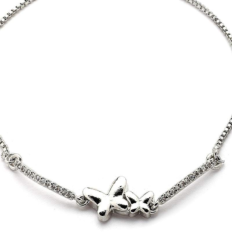 Rhodium Plated Silver Toned Butterfly Shaped White Cubic Zirconia Studded Adjustable Bracelet