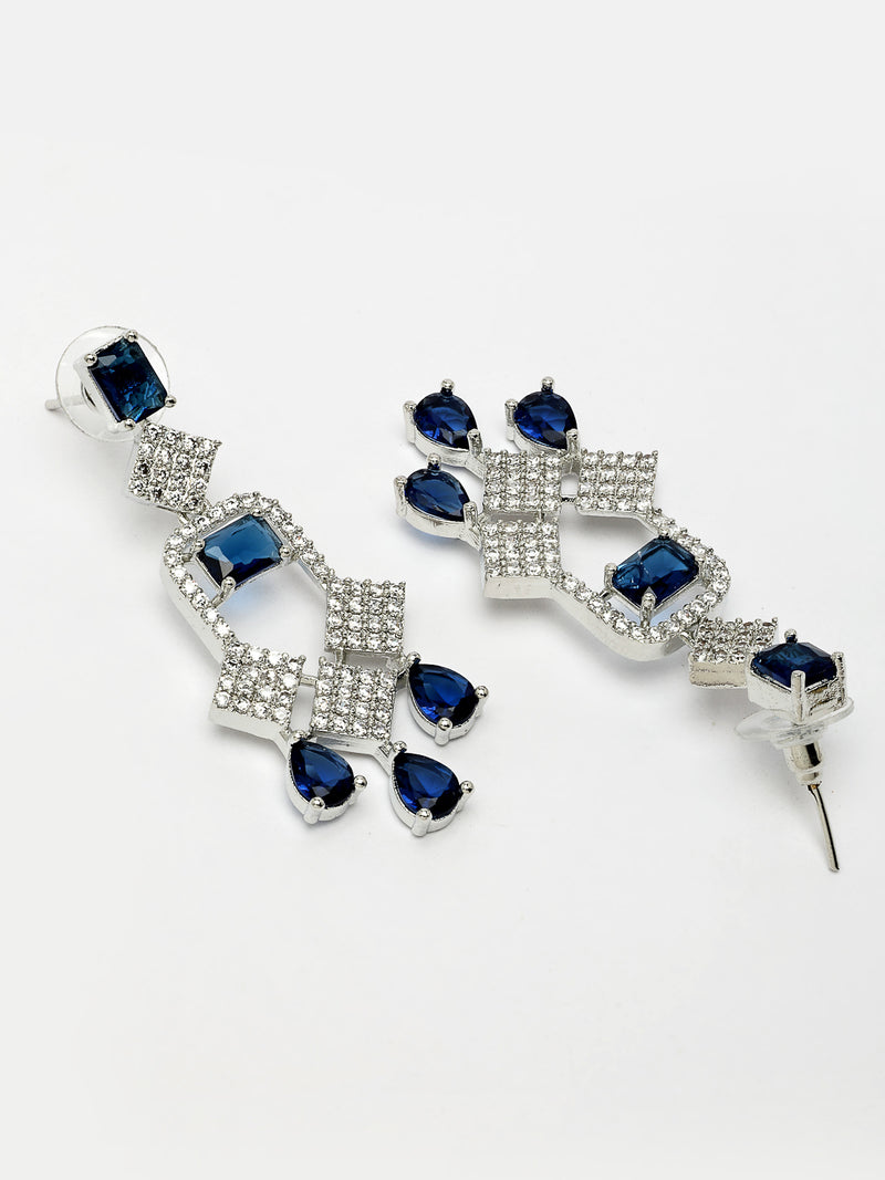 Rhodium Plated with Blue Crystal Chandelier Design American Diamond Studded Necklace Set