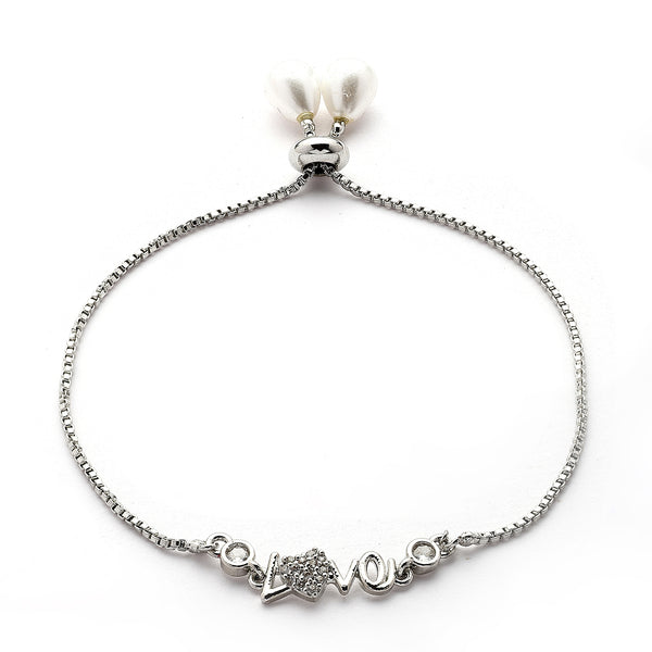 Rhodium Plated Silver Toned White Cubic Zirconia Studded Love Bracelet