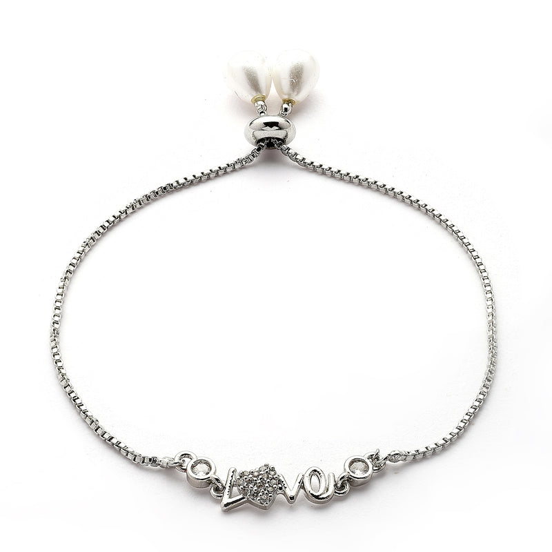 Rhodium Plated Silver Toned White Cubic Zirconia Studded Love Bracelet