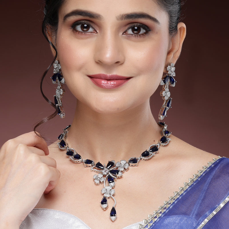 Rhodium Plated Silver Toned Blue & White American Diamond Studded Necklace Set