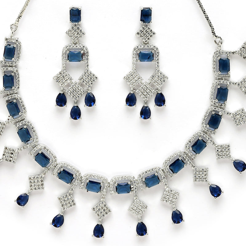 Rhodium Plated Silver Toned with Blue American Diamond Studded Jewellery Set
