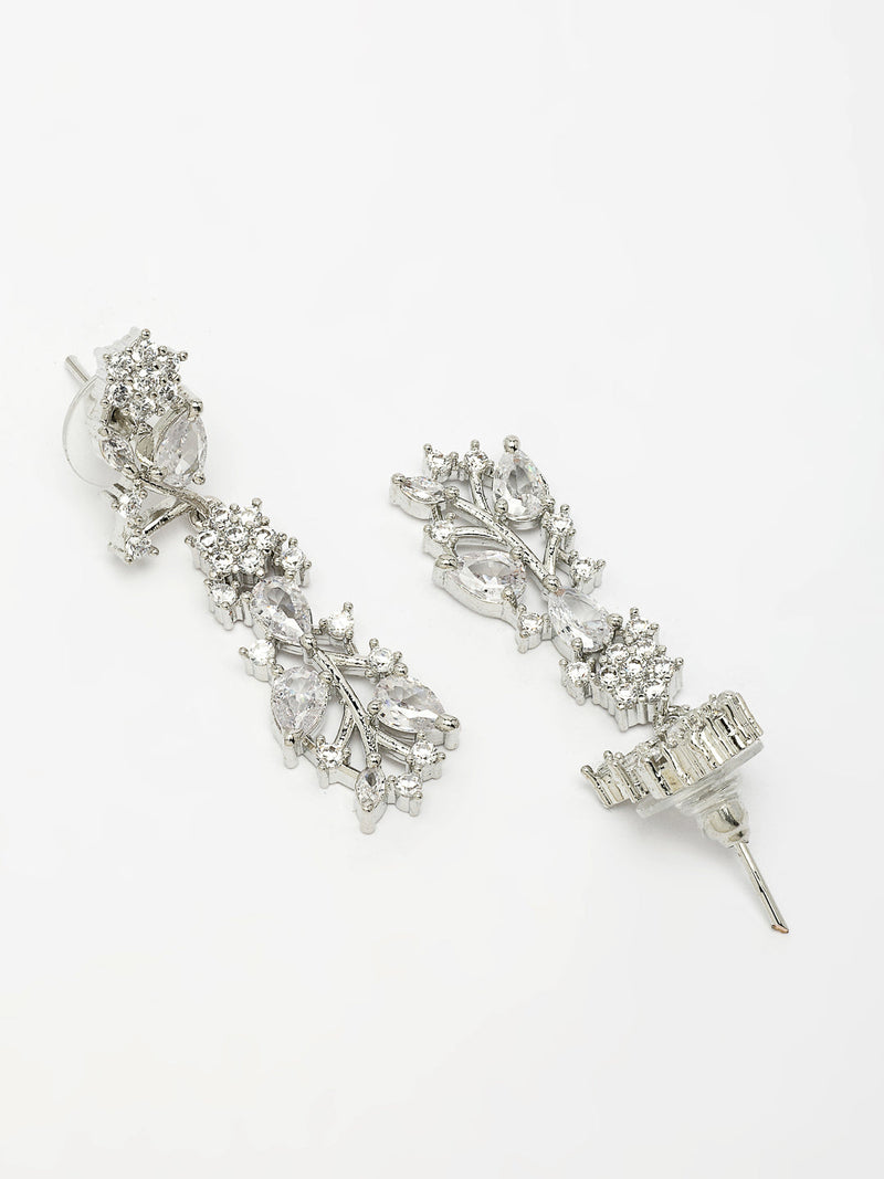 Rhodium Plated Silver Toned White American Diamond Studded Jewellery Set