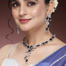 Rhodium Plated Silver Toned Blue & White American Diamond Studded Necklace Set