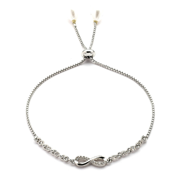 Rhodium Plated Silver Toned Infinity Shaped White Cubic Zirconia Studded Adjustable Bracelet