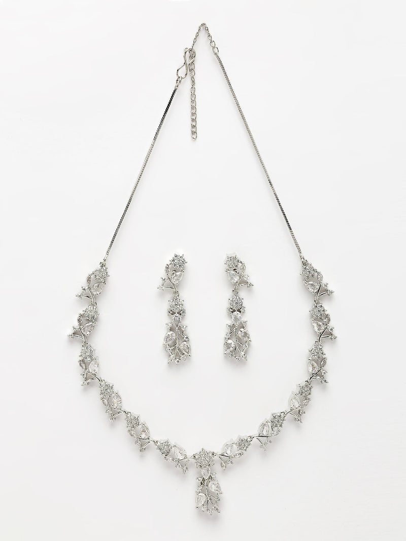 Rhodium Plated Silver Toned White American Diamond Studded Jewellery Set