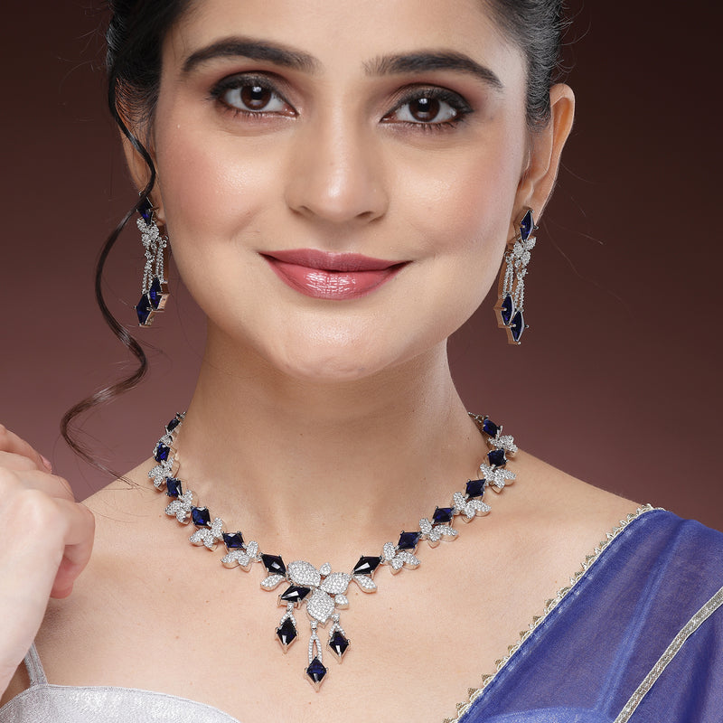 Rhodium Plated Silver Toned Blue American Diamond Studded Necklace Set