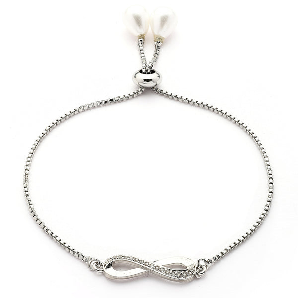 Rhodium Plated Silver Toned Infinity Shaped White Cubic Zirconia Studded Adjustable Bracelet