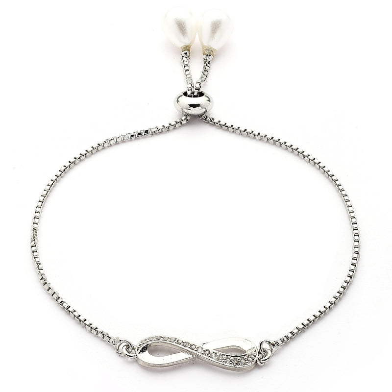 Rhodium Plated Silver Toned Infinity Shaped White Cubic Zirconia Studded Adjustable Bracelet