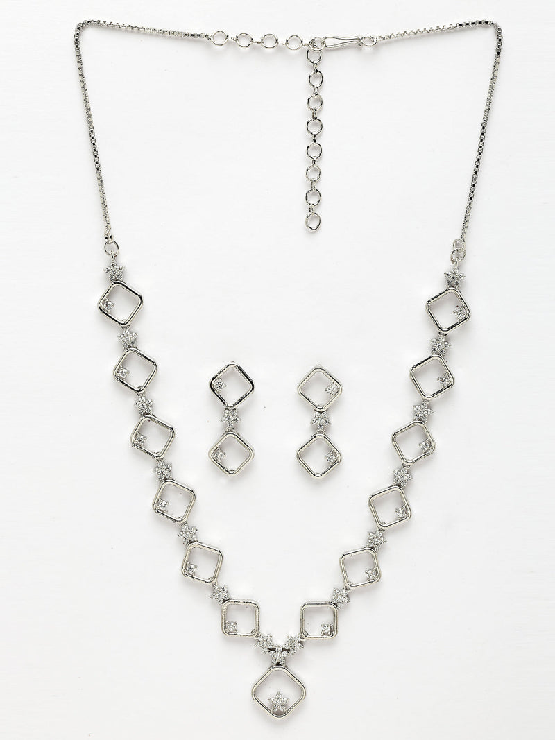 Rhodium Plated with Square Star Design & White American Diamond Stone Studded Jewellery Set